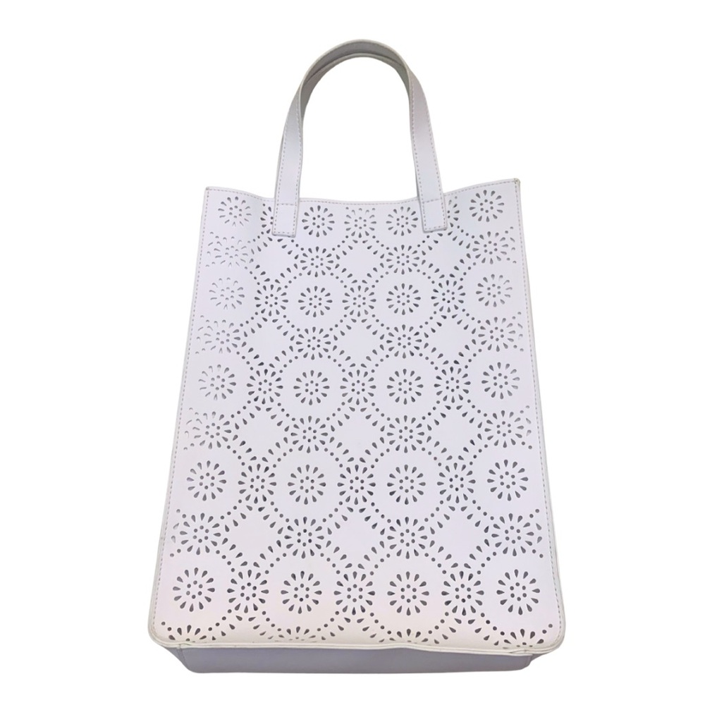 Ann Taylor White Cream Laser Cut Tote Bag Perforated Pattern Floral Ivory - Picture 2 of 9